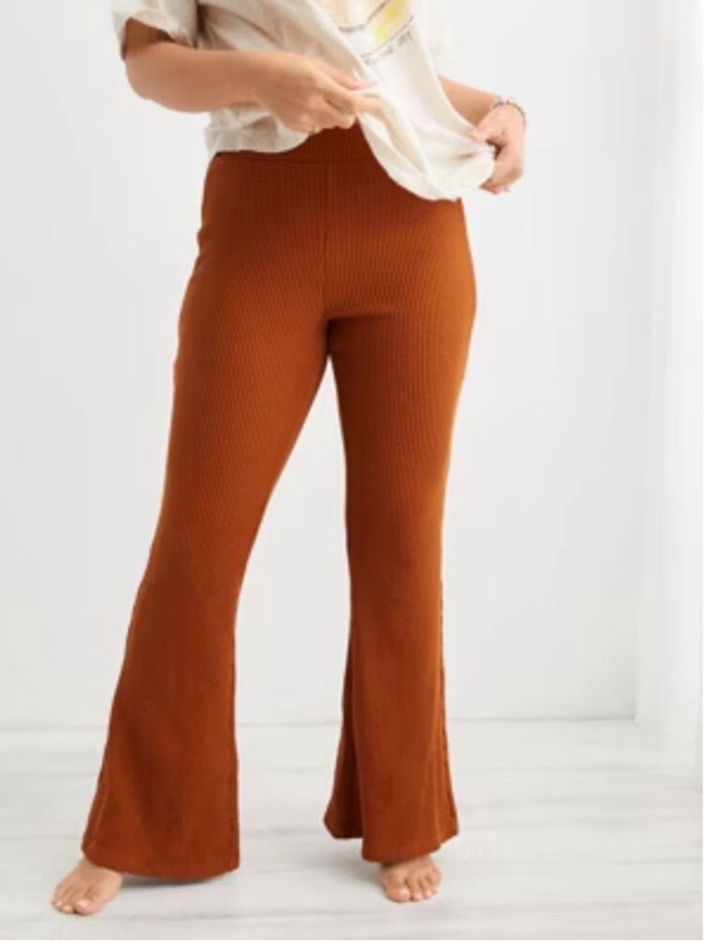 Aerie Waffle Knit High Waisted Flare Pant Womens Rust Brown Medium Short
